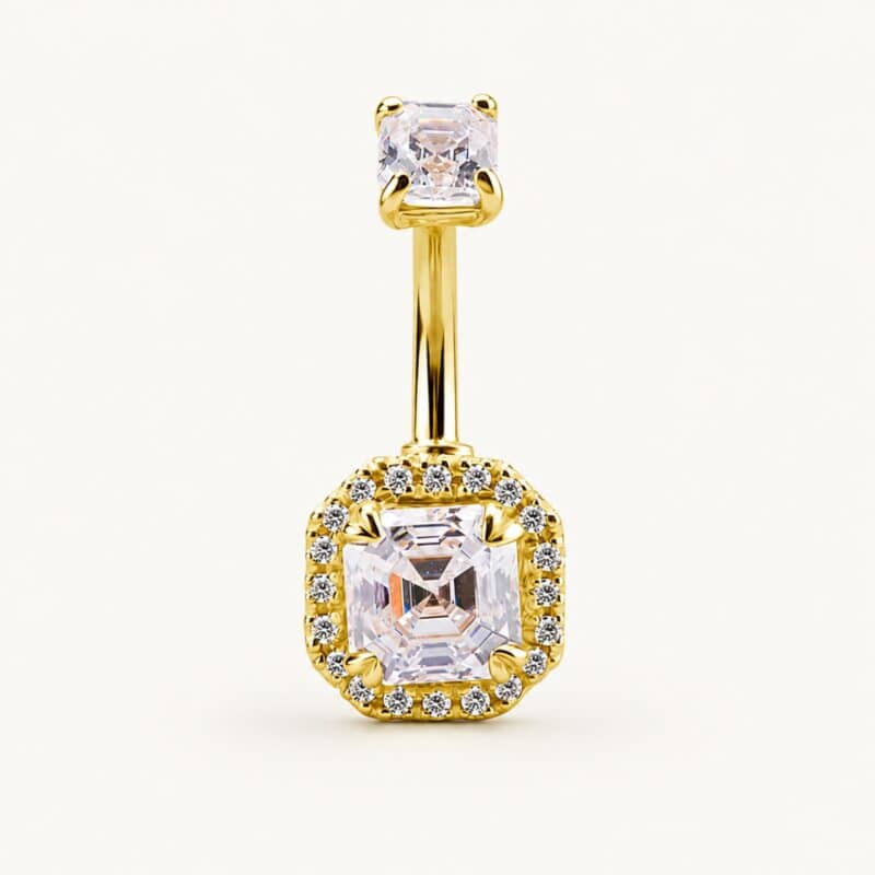 18K REAL GOLD INTERNAL BELLY BANANA SET WITH CUSHION SHAPE PREMIUM ZIRCONIA